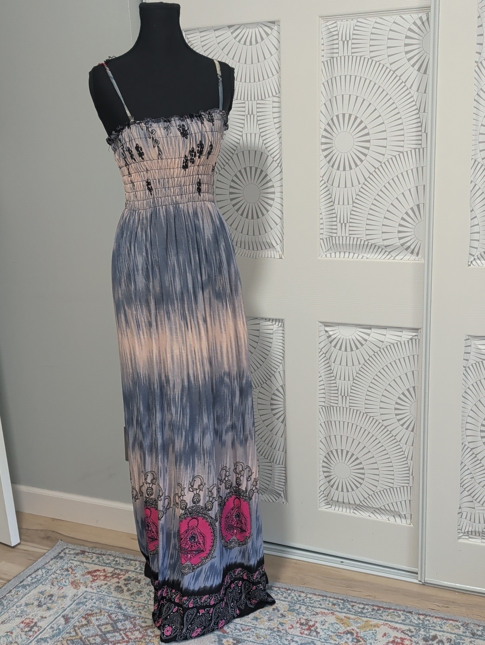 Smocked Tie-Dye Maxi Dress with Pink Accents
